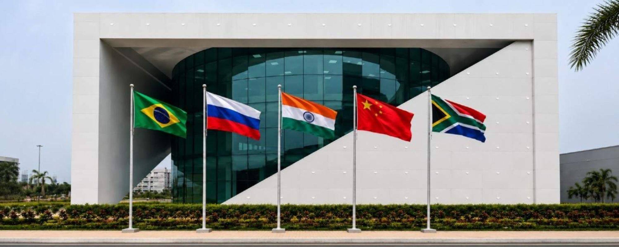 Five BRICS nation flags flying at the BRICS and bio-design program facility